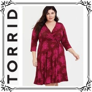 TORRID ⭐️ Pink & Red Floral Faux Wrap Jersey Dress